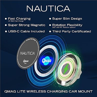 Nautica Turan QMAG Lite Wireless Magnetic Car Charger 15W, Universal Phone Mount, Dashboard & Vent