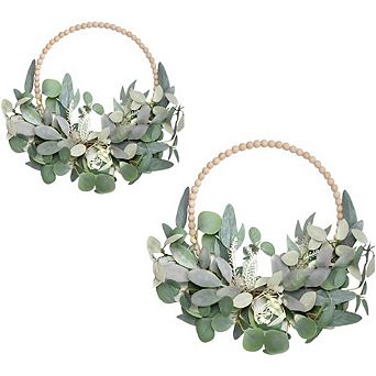 2 Pack 16 Inch Artificial Eucalyptus Wreaths with Wooden Beads for Front Door