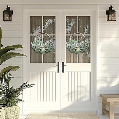 2 Pack 16 Inch Artificial Eucalyptus Wreaths with Wooden Beads for Front Door