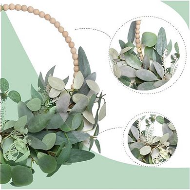 2 Pack 16 Inch Artificial Eucalyptus Wreaths with Wooden Beads for Front Door