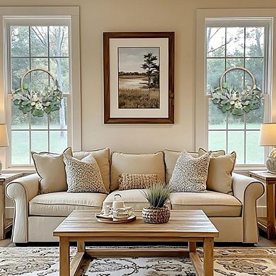 2 Pack 16 Inch Artificial Eucalyptus Wreaths with Wooden Beads for Front Door