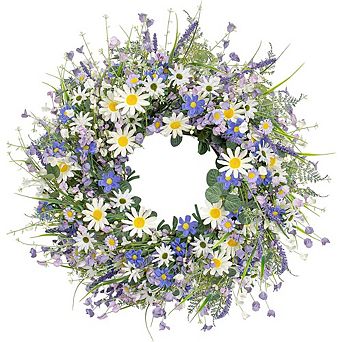 28-Inch Spring Wreath with White Sunflowers, Lavender & Wildflowers for Door Decor