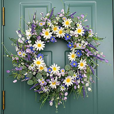 28-Inch Spring Wreath with White Sunflowers, Lavender & Wildflowers for Door Decor