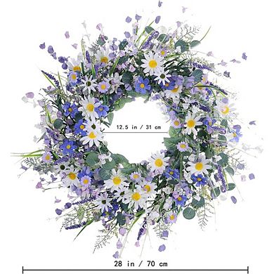 28-Inch Spring Wreath with White Sunflowers, Lavender & Wildflowers for Door Decor