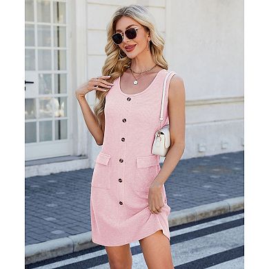 Womens Shift Dresses Sleeveless MIni Dress Casual Button Down Summer Dresses Outfits with Pockets
