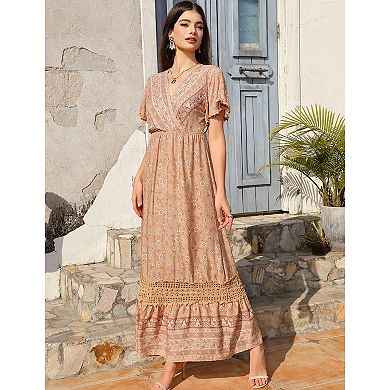 Women's Floral Boho Short Sleeve Empire Waist Swing Flowy Dress