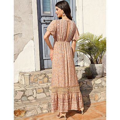 Women's Floral Boho Short Sleeve Empire Waist Swing Flowy Dress