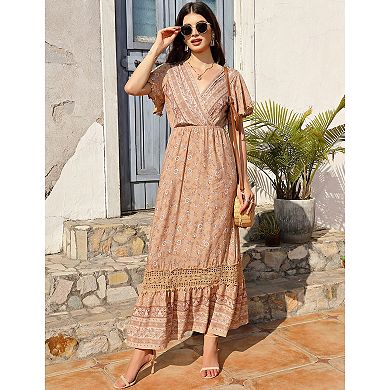 Women's Floral Boho Short Sleeve Empire Waist Swing Flowy Dress