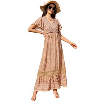 Women's Floral Boho Short Sleeve Empire Waist Swing Flowy Dress