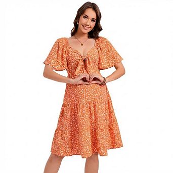 Women Maternity Casual Short Sleeve Bow Tie V Neck Midi Flowy Dress