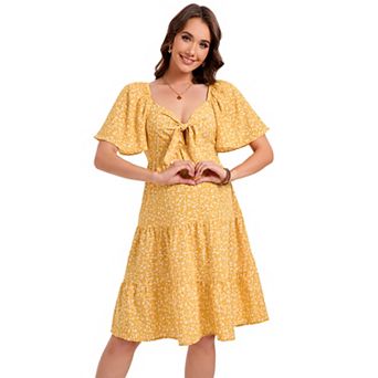 Women Maternity Casual Short Sleeve Bow Tie V Neck Midi Flowy Dress