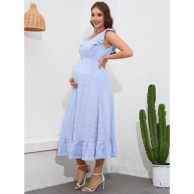 Women's V-Neck Maternity Dress Summer Ruffle Sleeve Sleeveless Maxi Dress