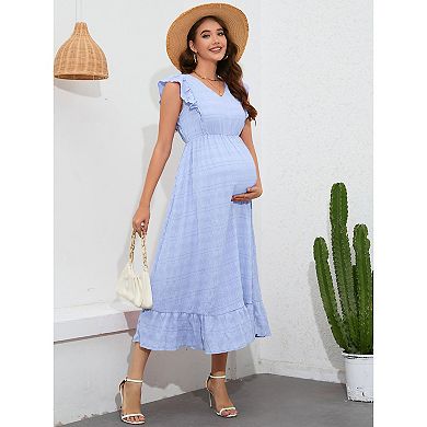 Women's V-Neck Maternity Dress Summer Ruffle Sleeve Sleeveless Maxi Dress
