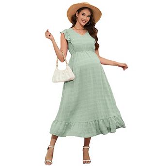 Women's V-Neck Maternity Dress Summer Ruffle Sleeve Sleeveless Maxi Dress