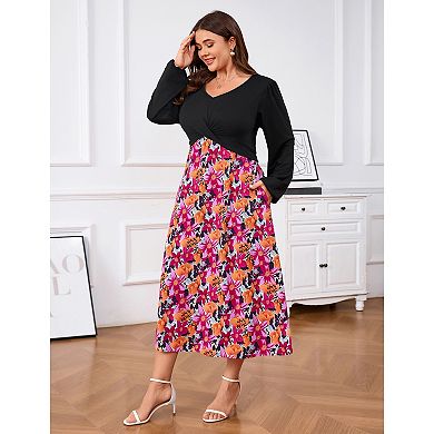 Plus Size Women's V Neck Color Block Long Sleeve Dress