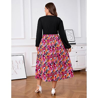 Plus Size Women's V Neck Color Block Long Sleeve Dress