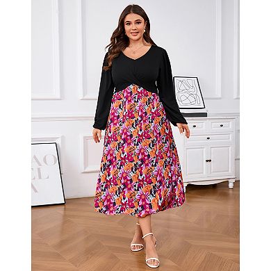 Plus Size Women's V Neck Color Block Long Sleeve Dress