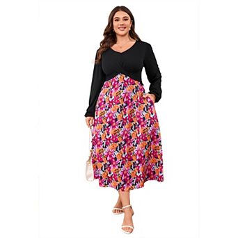 Plus Size Women's V Neck Color Block Long Sleeve Dress