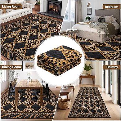 Leopard Rugs for Living Room Washable Animal Print Checkered Indoor Carpet Non Slip