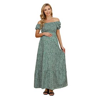 Women Elegant Maxi Dress Puff Sleeve Square Neck Flowy Maternity Clothing