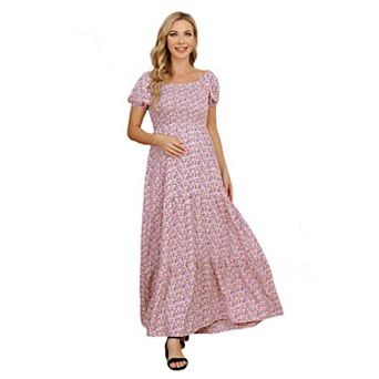 Women Elegant Maxi Dress Puff Sleeve Square Neck Flowy Maternity Clothing