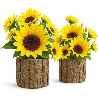 Sunflower Arrangements in Rustic Bark Pots, Set of 2 for Home & Decor