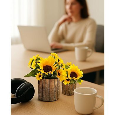 Sunflower Arrangements in Rustic Bark Pots, Set of 2 for Home & Decor