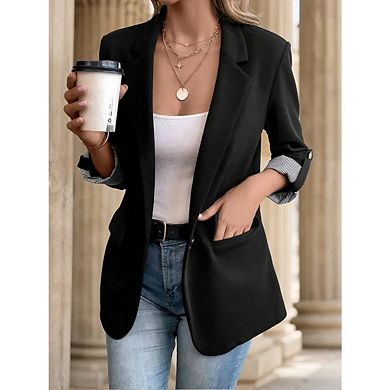 Women's Business Casual Blazer Rolled Sleeve Open-Flap Slim Fit Blazer with Pockets