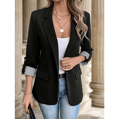 Women's Business Casual Blazer Rolled Sleeve Open-Flap Slim Fit Blazer with Pockets