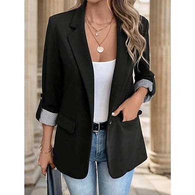 Women's Business Casual Blazer Rolled Sleeve Open-Flap Slim Fit Blazer with Pockets
