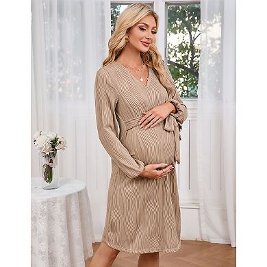 Women Maternity Long Sleeve Dress with Belt