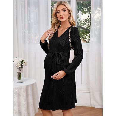 Women Maternity Long Sleeve Dress with Belt
