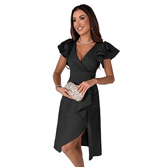 Women's Warp V Neck Ruffle Short Sleeve A Line Party Dress