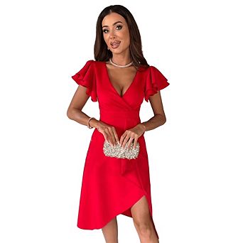 Women's Warp V Neck Ruffle Short Sleeve A Line Party Dress