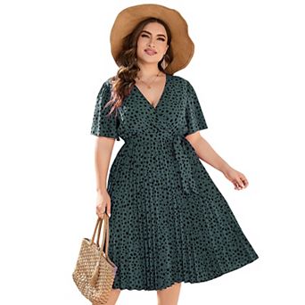 Women's Plus Size Pleated Midi Dress with Belt Casual Elegant Knee Length Dress for Summer