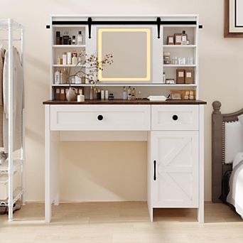 Vanity Desk with Mirror, Makeup Table with Drawers & Storage Stool, Modern White Dressing Table