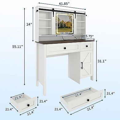 Vanity Desk with Mirror, Makeup Table with Drawers & Storage Stool, Modern White Dressing Table