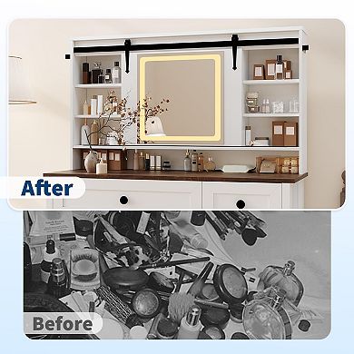 Vanity Desk with Mirror, Makeup Table with Drawers & Storage Stool, Modern White Dressing Table