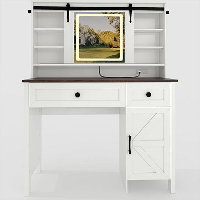 Vanity Desk with Mirror, Makeup Table with Drawers & Storage Stool, Modern White Dressing Table
