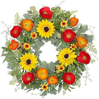 20 Inch Artificial Sunflower and Poppy Wreath with Eucalyptus, All-Season Front Door Decor