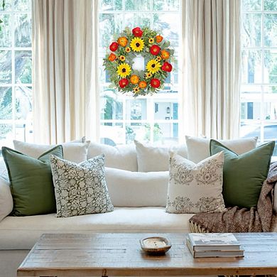 20 Inch Artificial Sunflower and Poppy Wreath with Eucalyptus, All-Season Front Door Decor