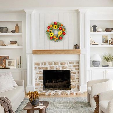 20 Inch Artificial Sunflower and Poppy Wreath with Eucalyptus, All-Season Front Door Decor