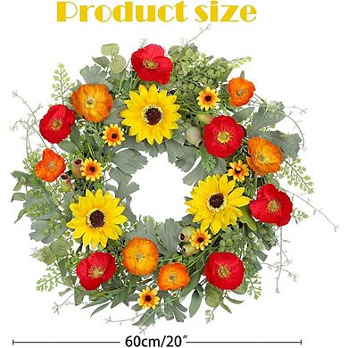 20 Inch Artificial Sunflower and Poppy Wreath with Eucalyptus, All-Season Front Door Decor