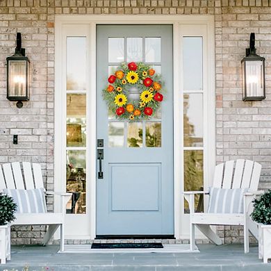 20 Inch Artificial Sunflower and Poppy Wreath with Eucalyptus, All-Season Front Door Decor