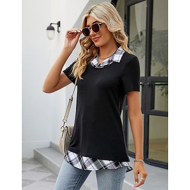 Women Business Casual Short Sleeve Color Block Collared Shirt