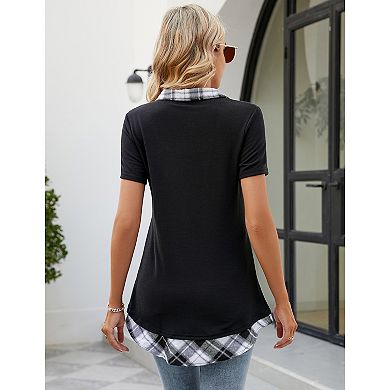 Women Business Casual Short Sleeve Color Block Collared Shirt