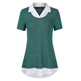 Women Business Casual Short Sleeve Color Block Collared Shirt
