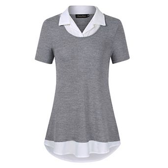 Women Business Casual Short Sleeve Color Block Collared Shirt