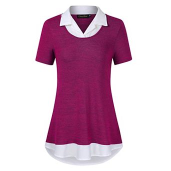 Women Business Casual Short Sleeve Color Block Collared Shirt