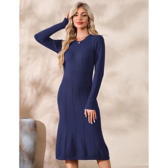 Womens Long Sleeve Casual Dress Fall Ribbed Knit Sweater Crewneck Midi Wedding Guest Dresses